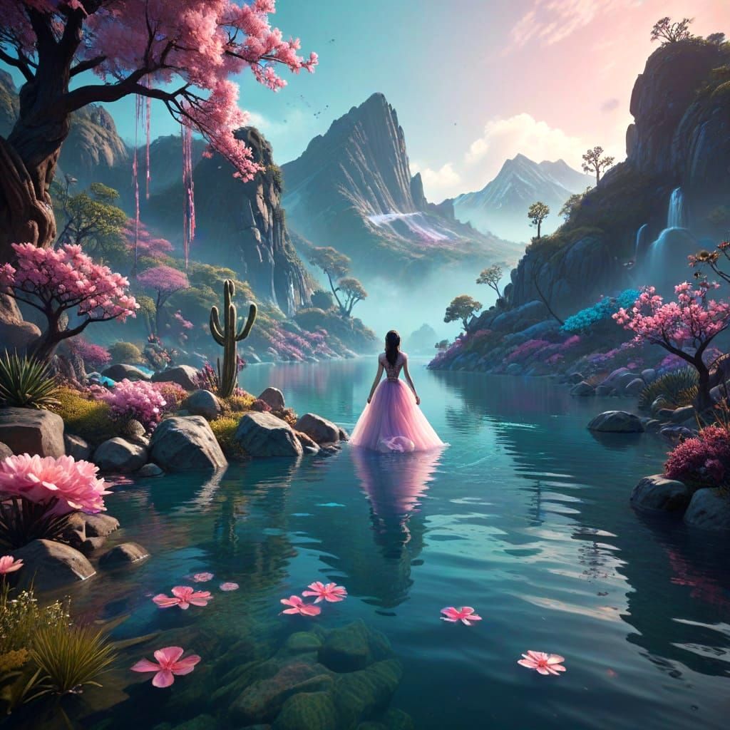 Surreal Sunset Scene with Cowboys, Baby, and Floral Elements...