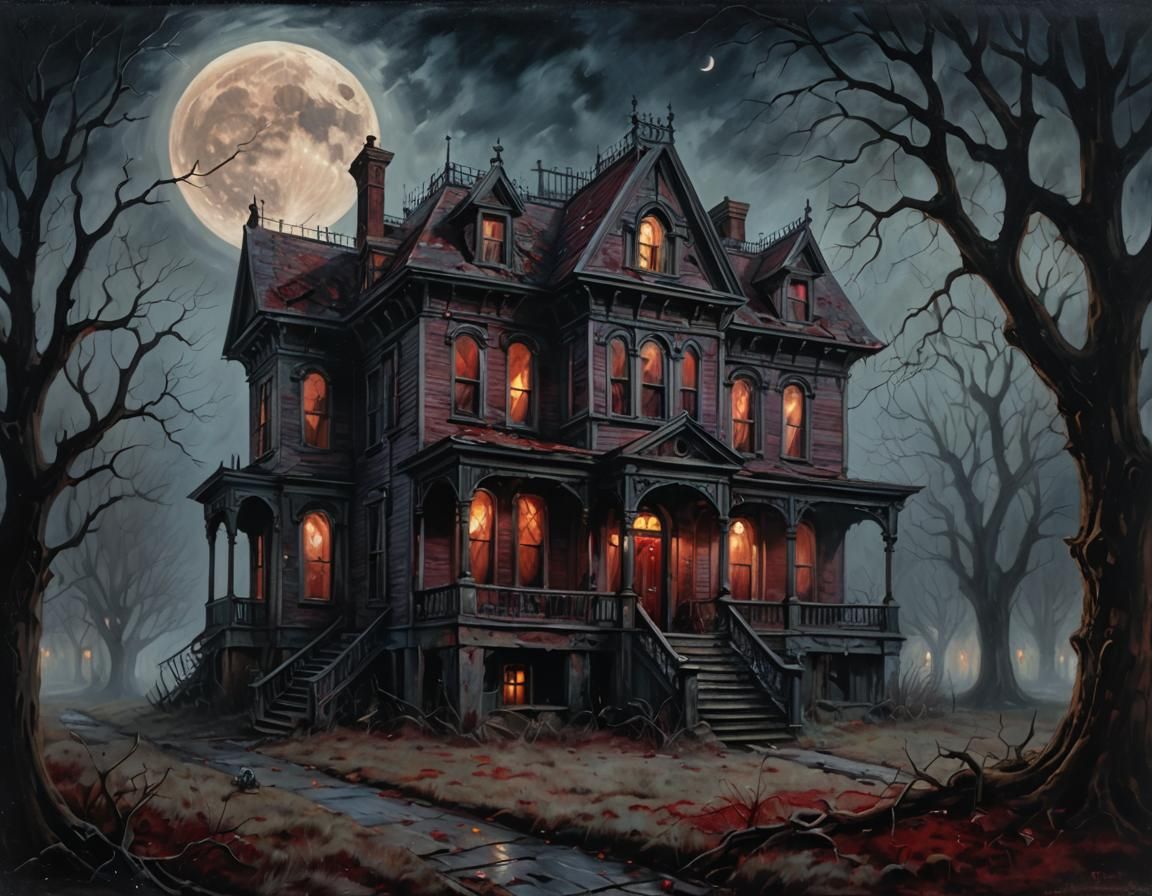 Eerie Victorian Mansion: Gothic Horror Oil Painting