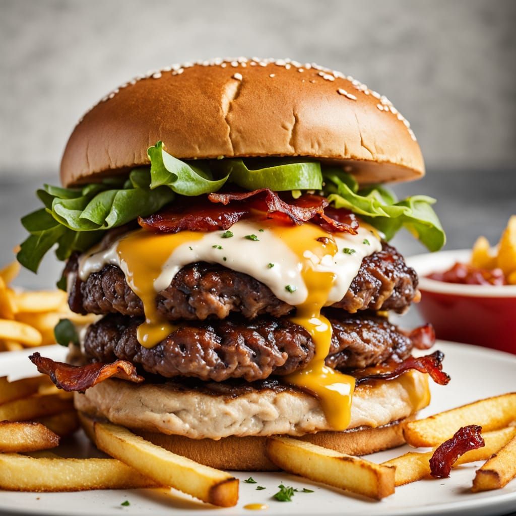 Gourmet Beef Burger with Crispy Bacon and Golden French Frie...