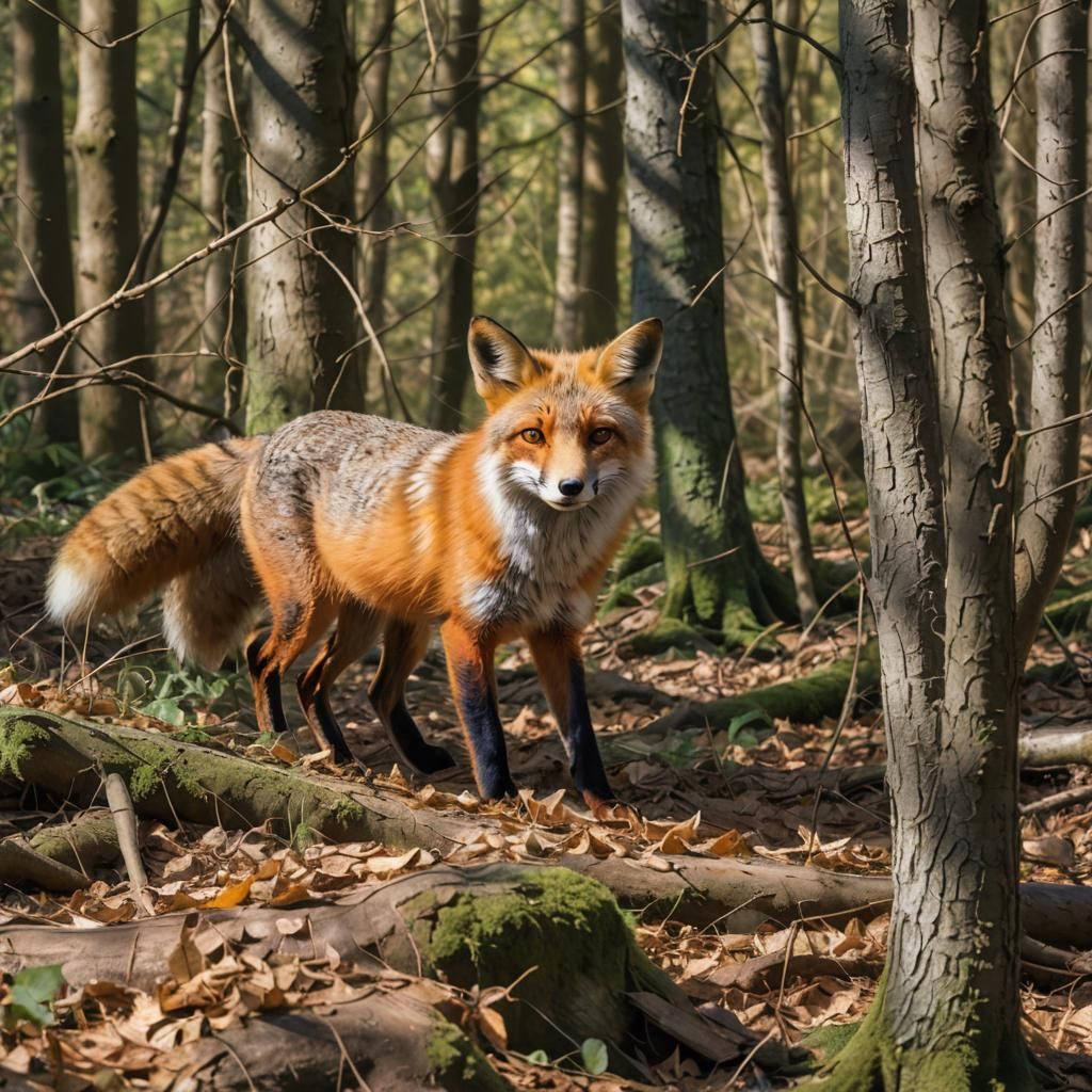 Camouflaged Fox Hunting in Sun-Dappled Forest