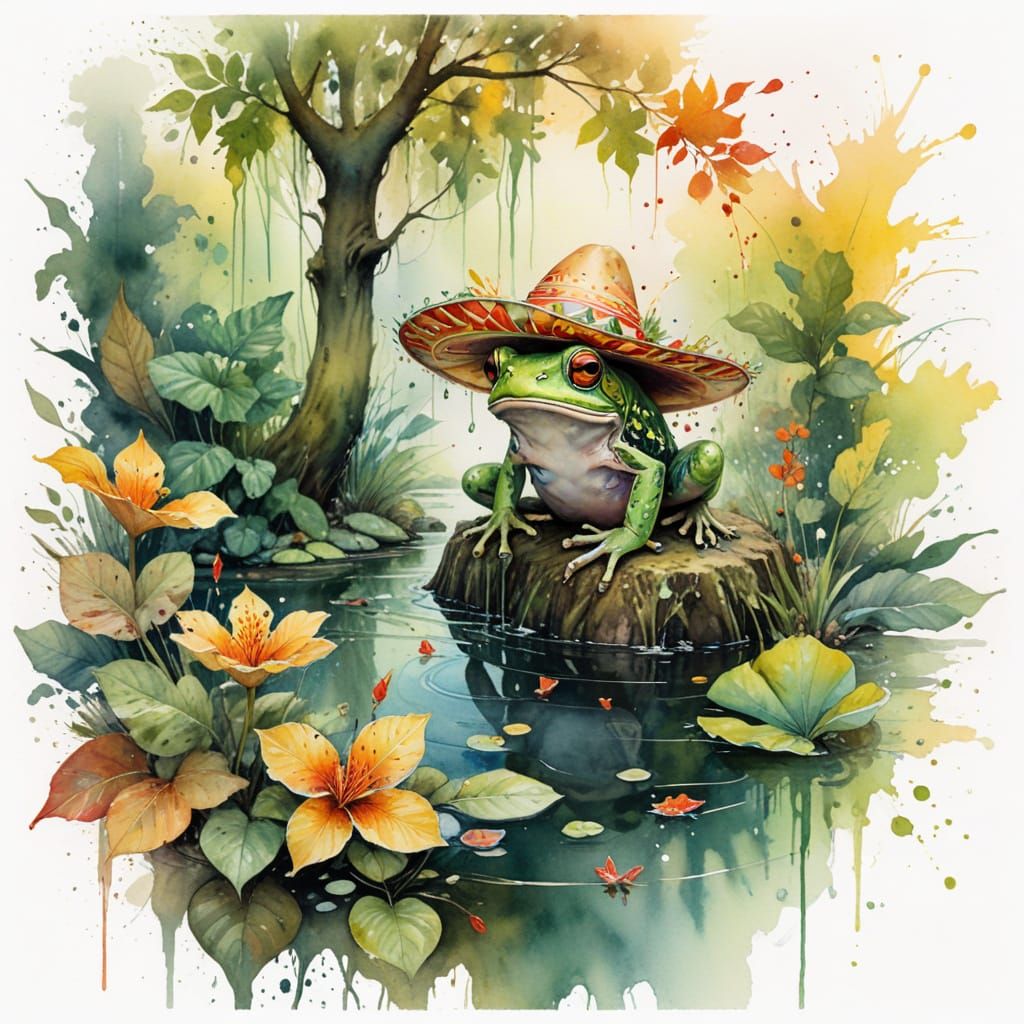 Tree Frog Prince in Kaleidoscopic Rainforest, Watercolor Sty...