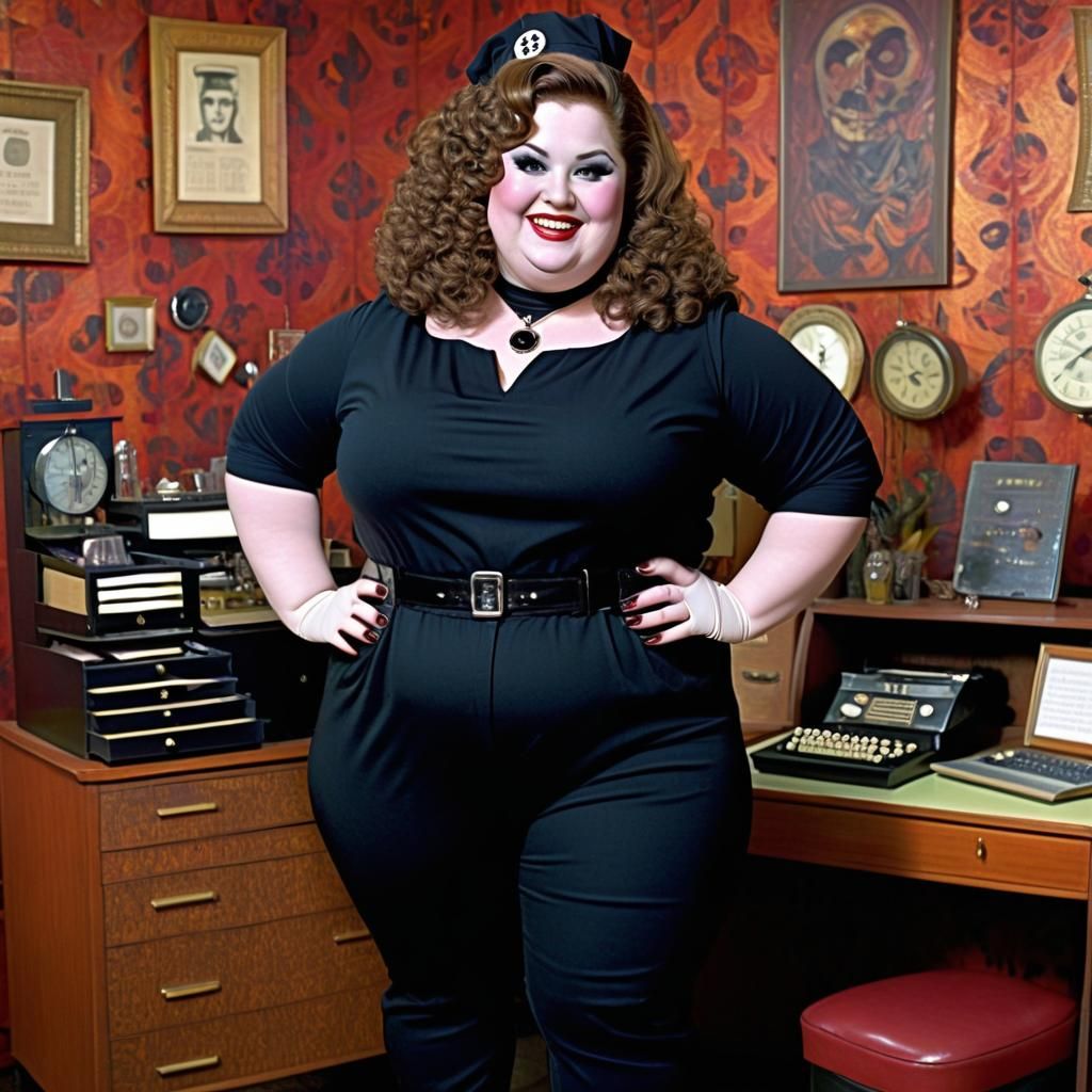 Curvy Goth Woman as Mid-Century Play Doctor
