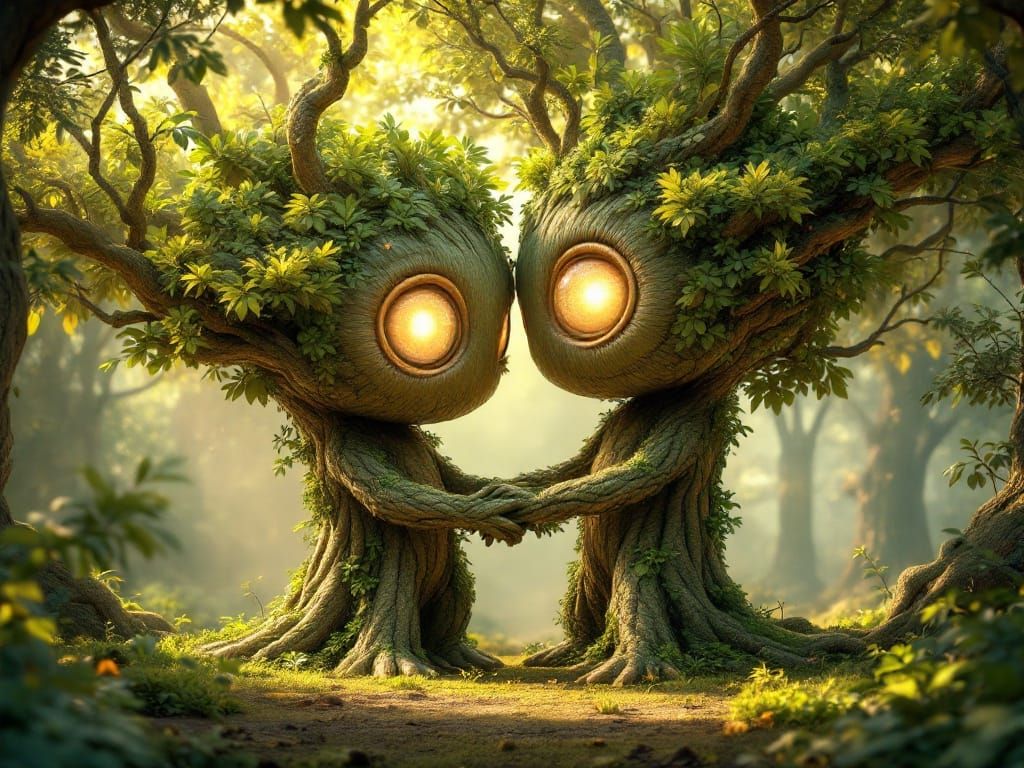 Whimsical 3D Trees Embrace in Enchanted Forest