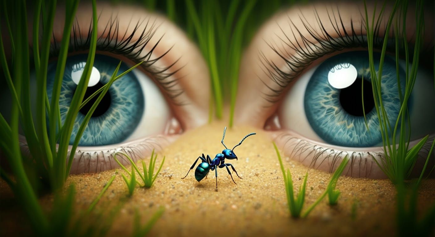Gigantic Eyes Encounter a Minute, Iridescent Ant in a Sun-Ki...