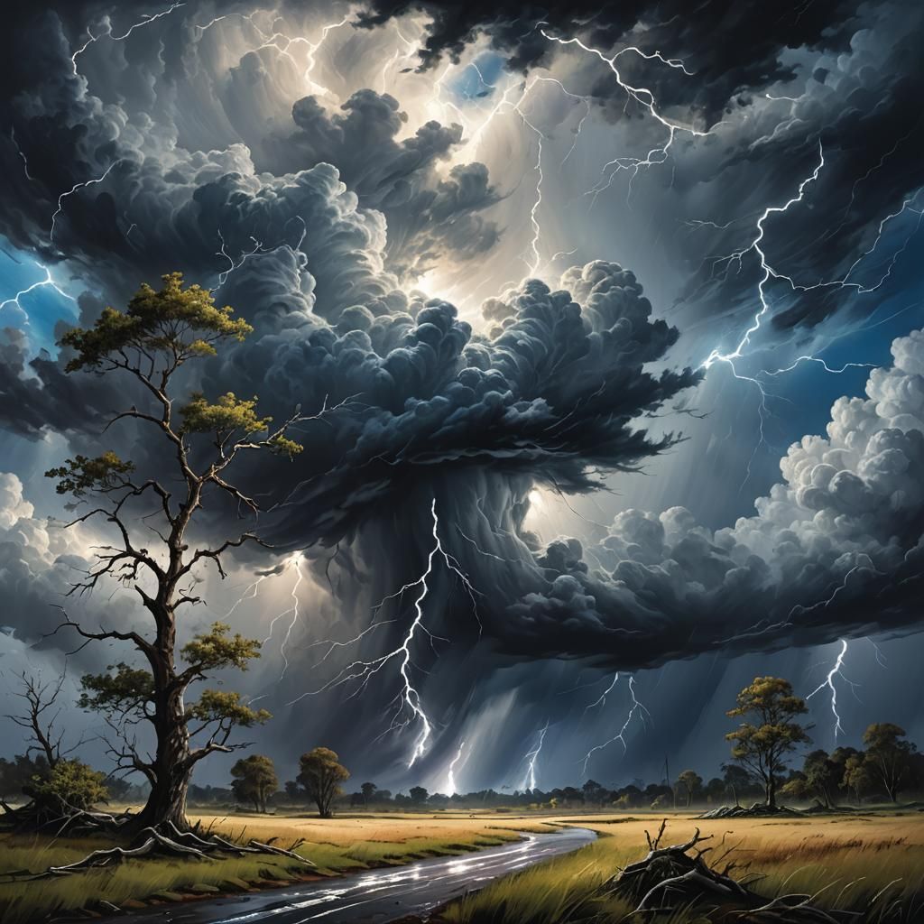 Dramatic Hurricane Landscape Painting with Lightning