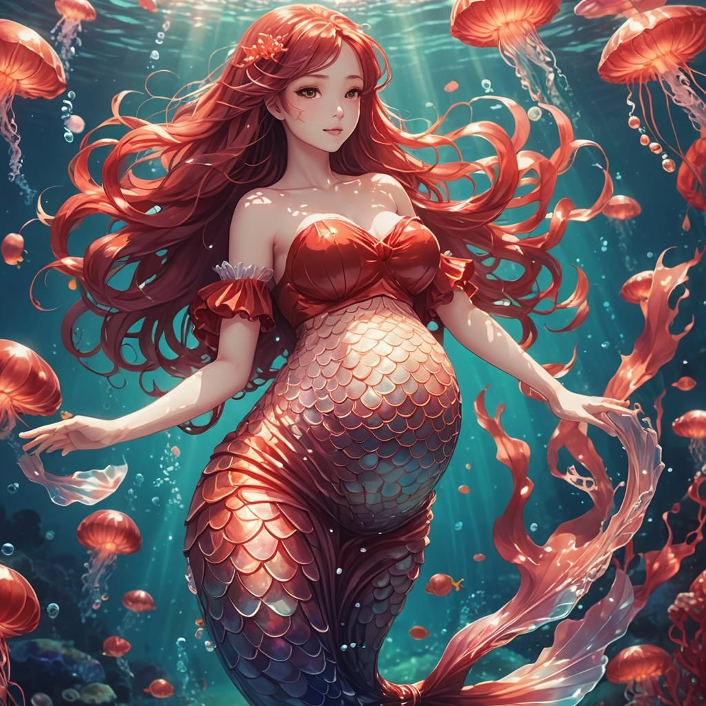 Pregnant Anime Mermaid in Underwater Fantasy Artwork