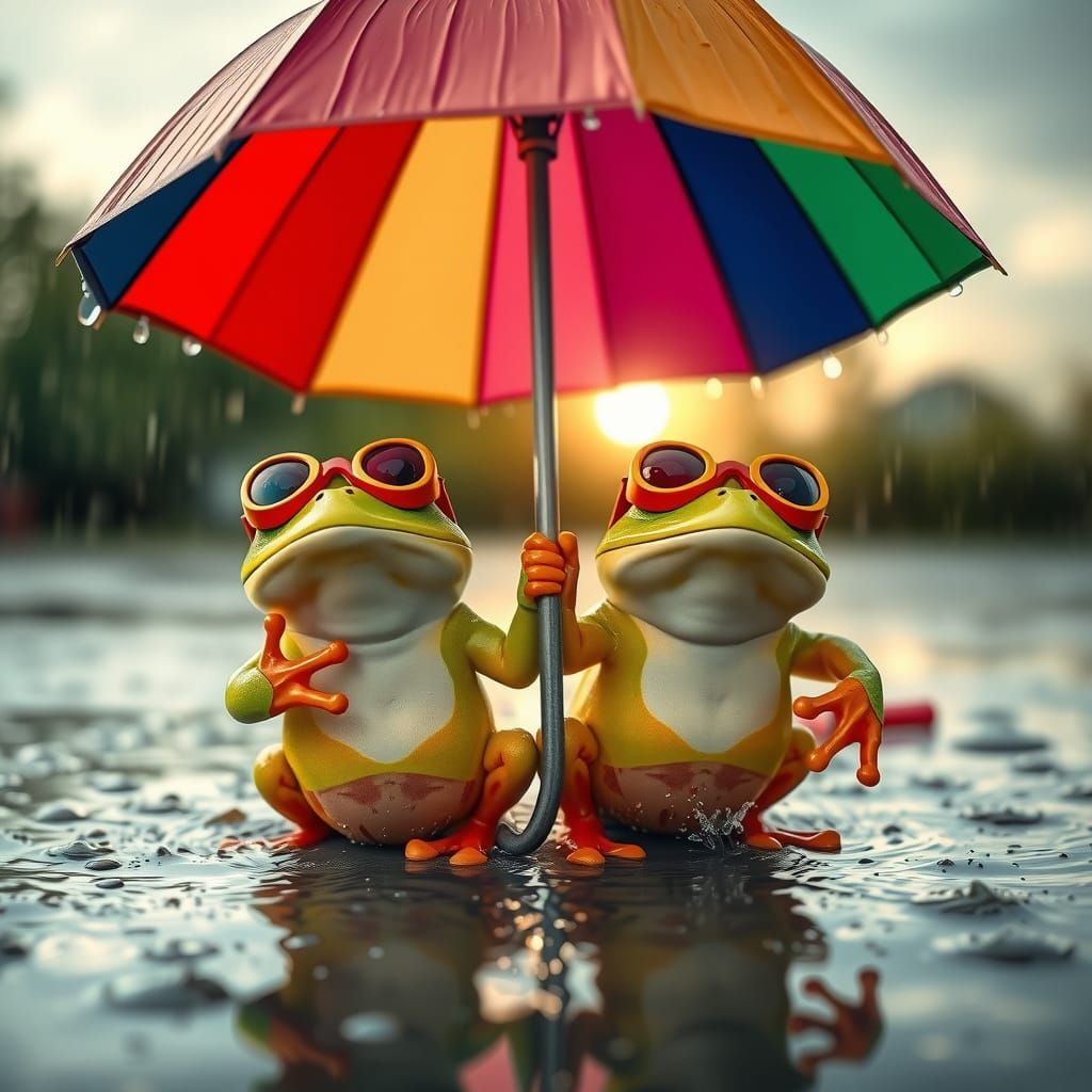 Colorful Frogs Diving in Rainy Puddles with Vibrant Umbrella