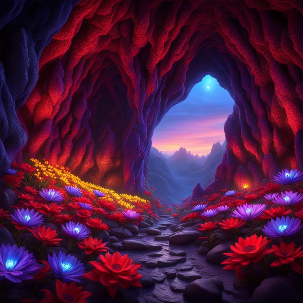 Glowing Flower Cave with Heart-Shaped Gems
