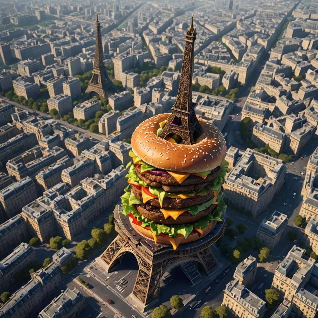 Giant Hamburger Towers Over Paris in Vivid Fantasy Landscape