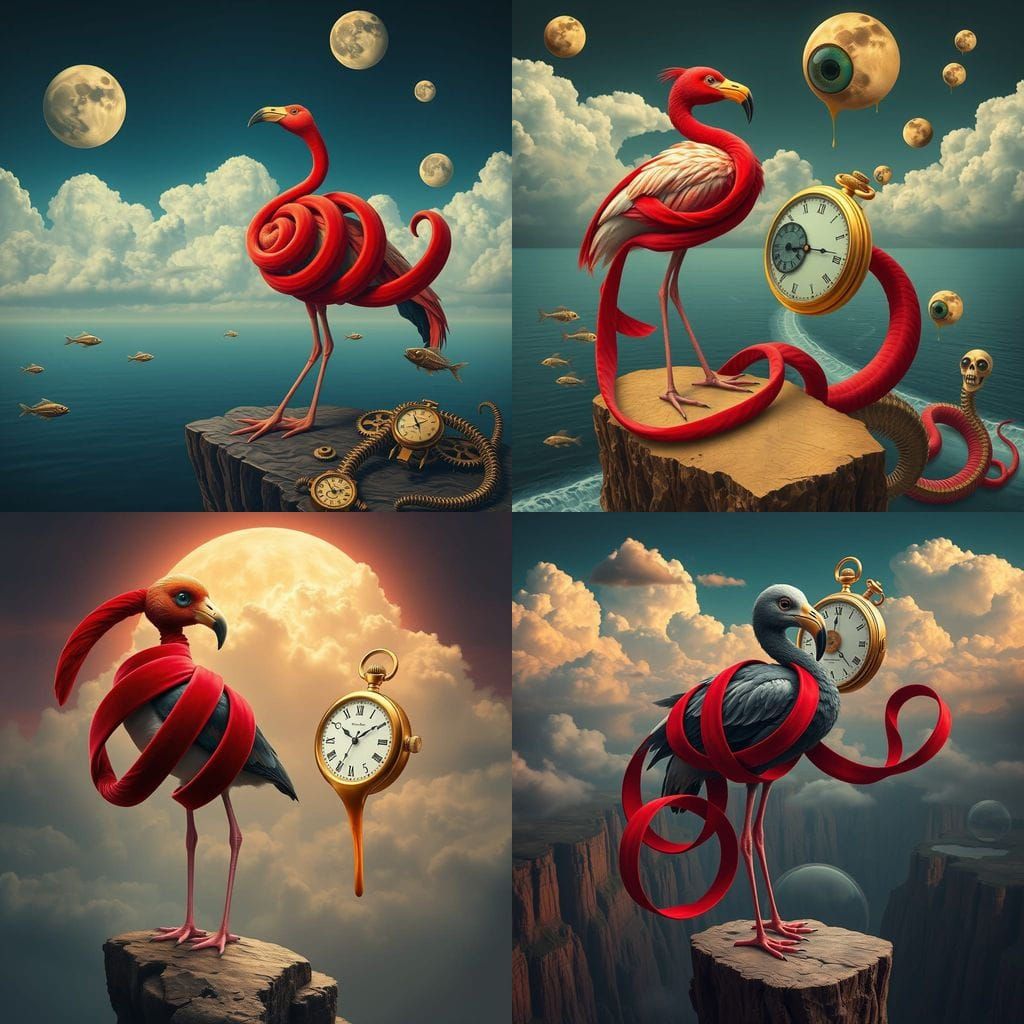 Surreal Birdscape with Clockwork Serpent and Velvet Ribbons