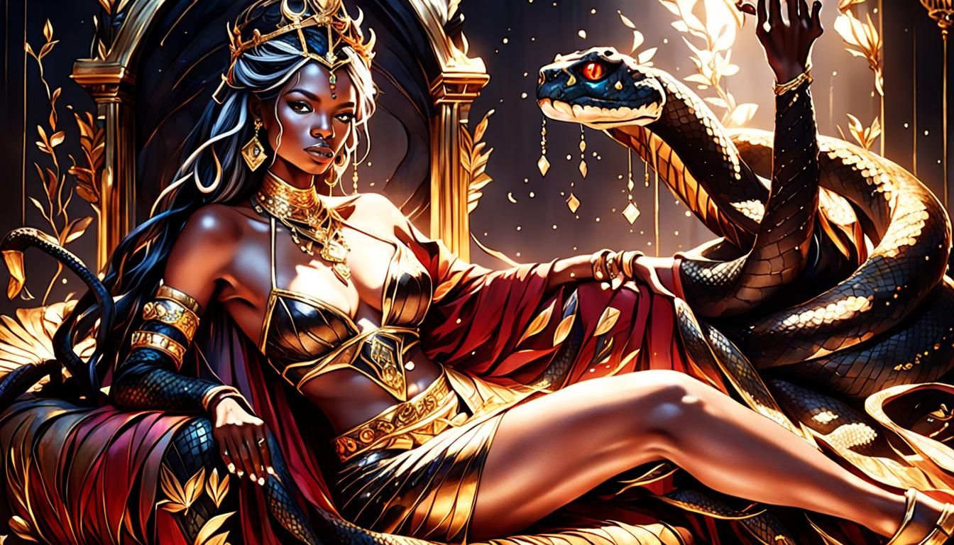 Enchanting Snake Empress on Golden Throne in 8K