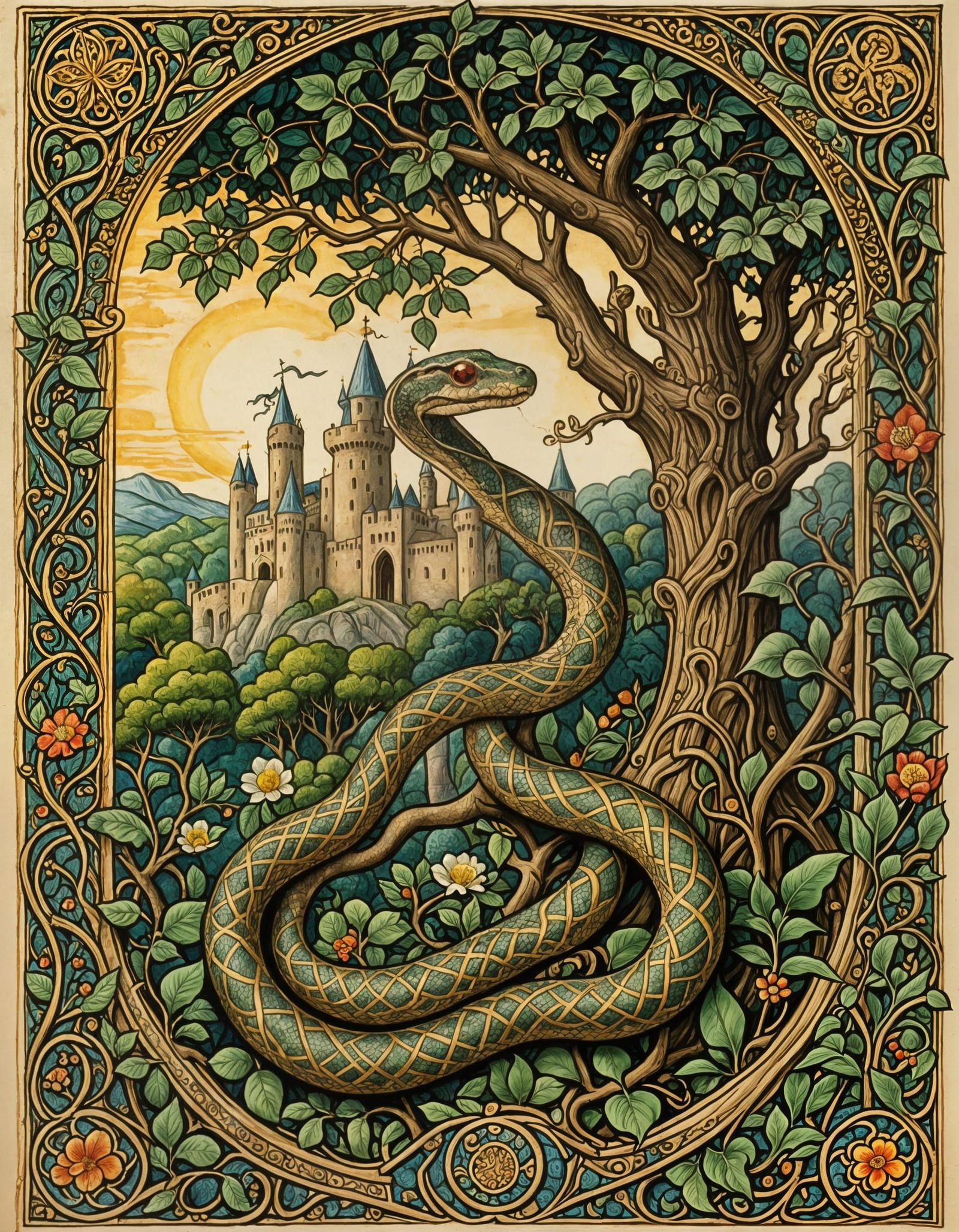Medieval Scene of Snake in Castle Tree