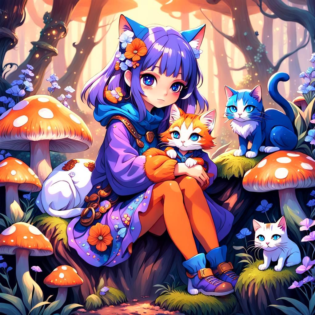 Anime Cat-Girl in Mystical Forest Concept Art