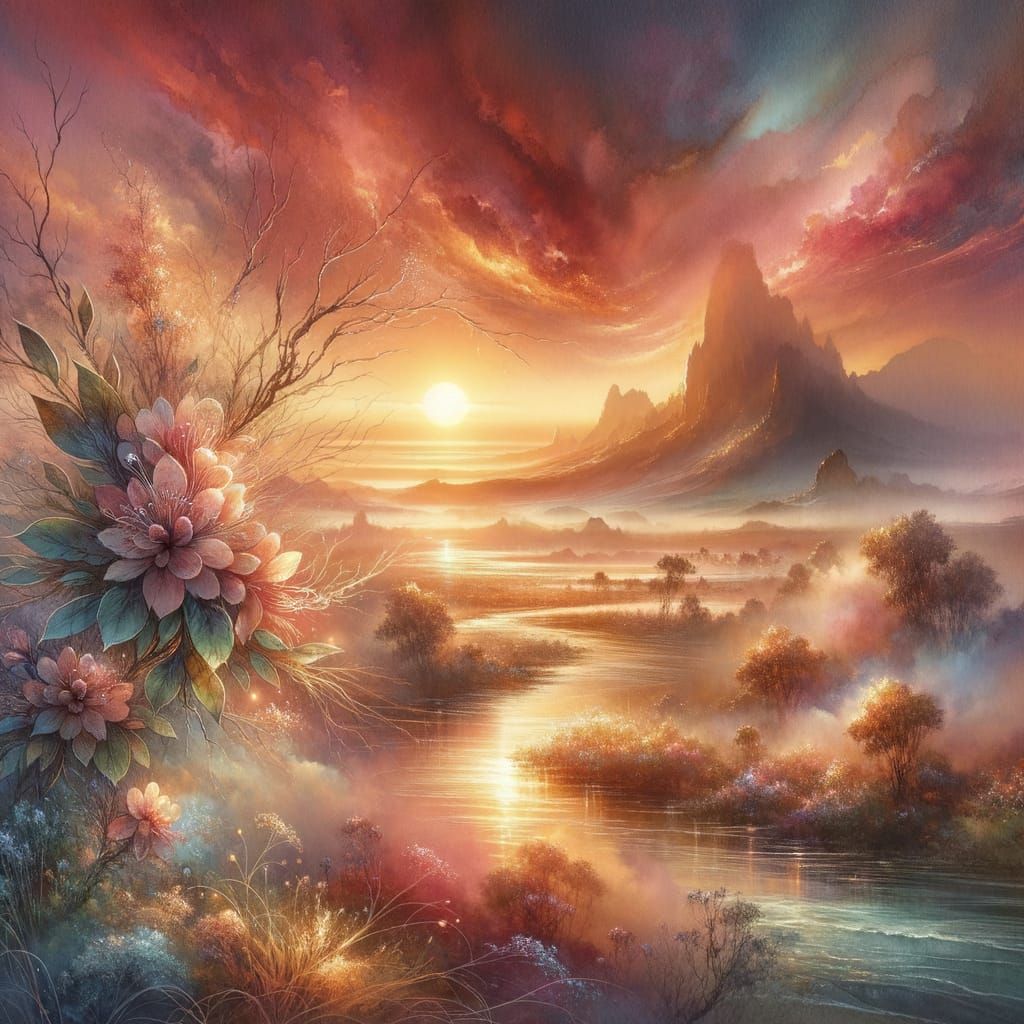 Watercolor Sunset Landscape with Mountains and River