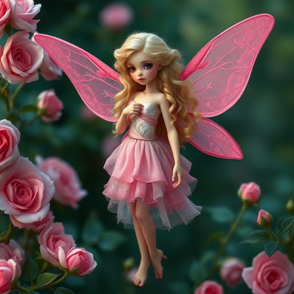 Realistic Fairy with Pink Roses and Wings