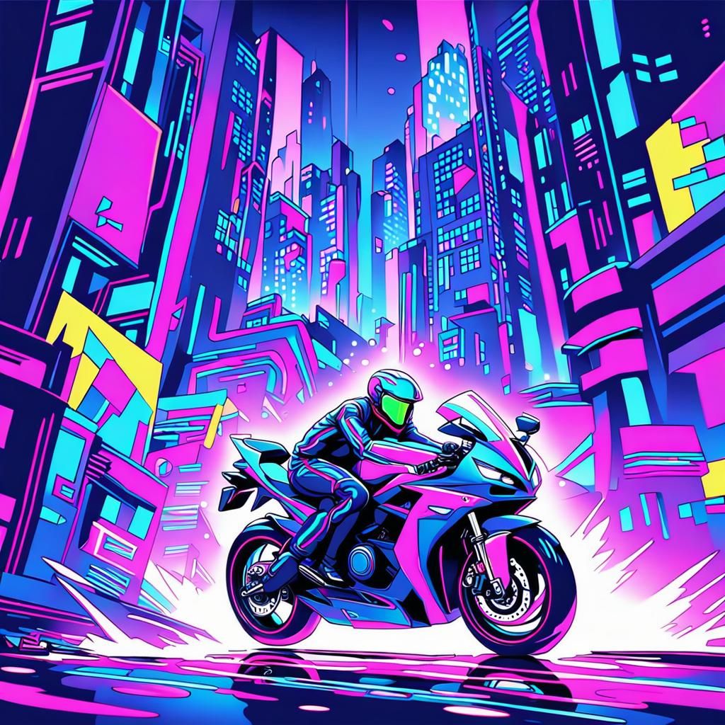 Neon Cyberpunk Motorcycle Racer in a Cubist Style