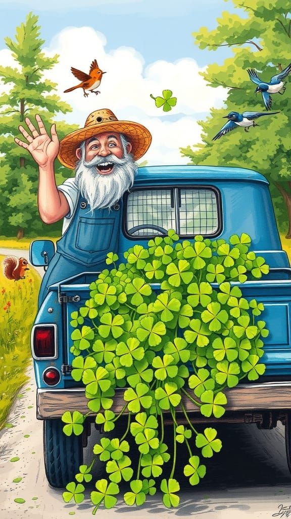 Sketch-style illustration of a cheerful, quirky and funny rural man drives a worn-out blue truck down a sunny country ro...