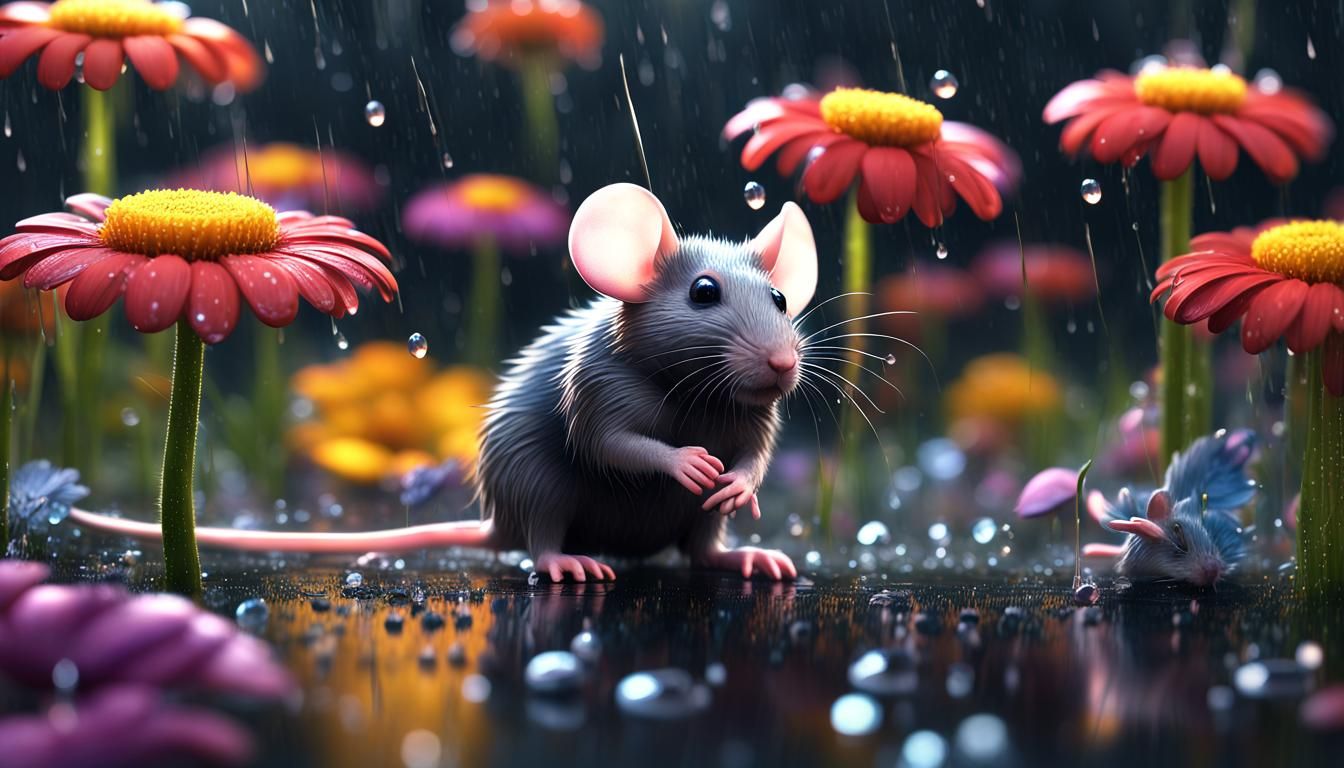 Mouse in Rainy Crystal-Style Flower Scene