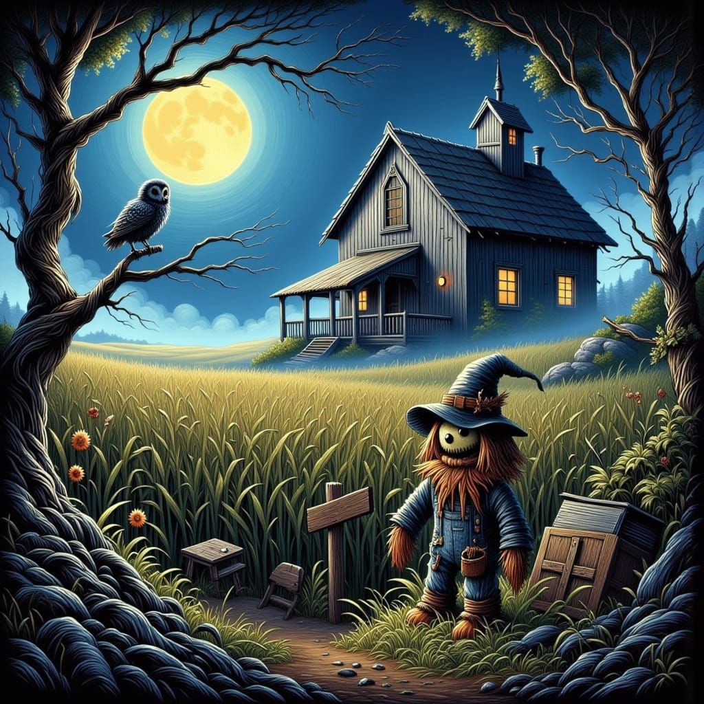 Steampunk Scarecrow in Vermont Cornfield by Moonlight