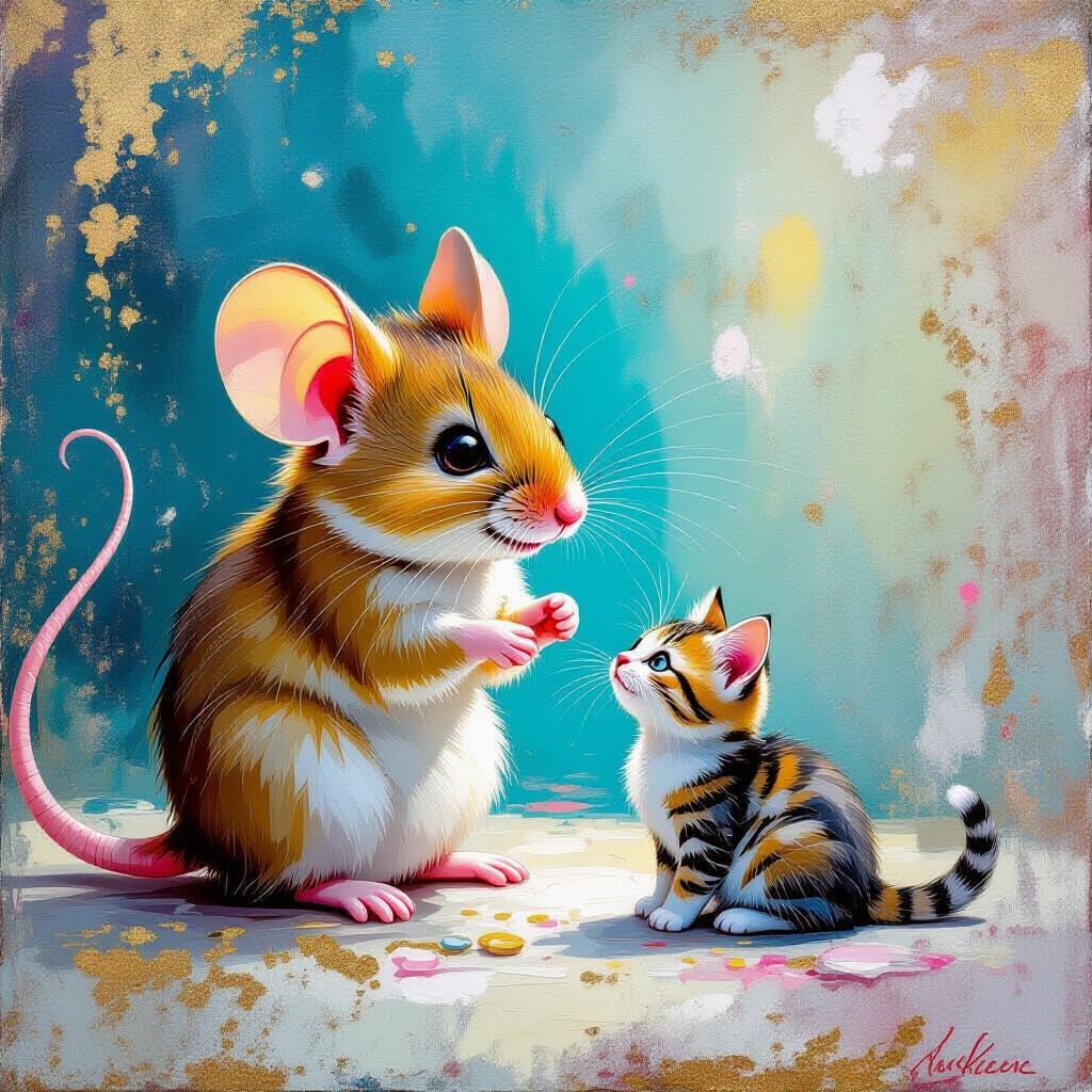 Giant Mouse Plays with Tiny Cat in Metamodern Style