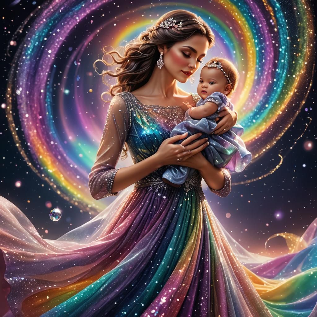 Woman Holding Baby in Sparkling 3D Rendering