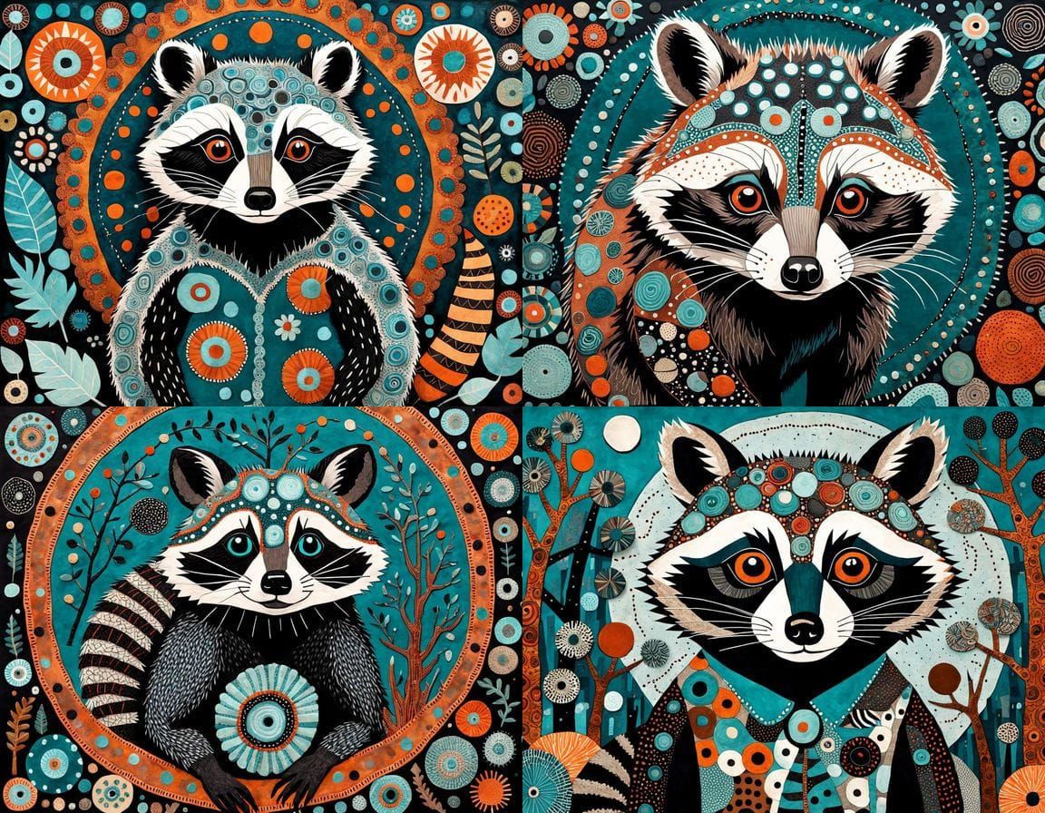 Whimsical Raccoon Composition in Intricate Textile Art