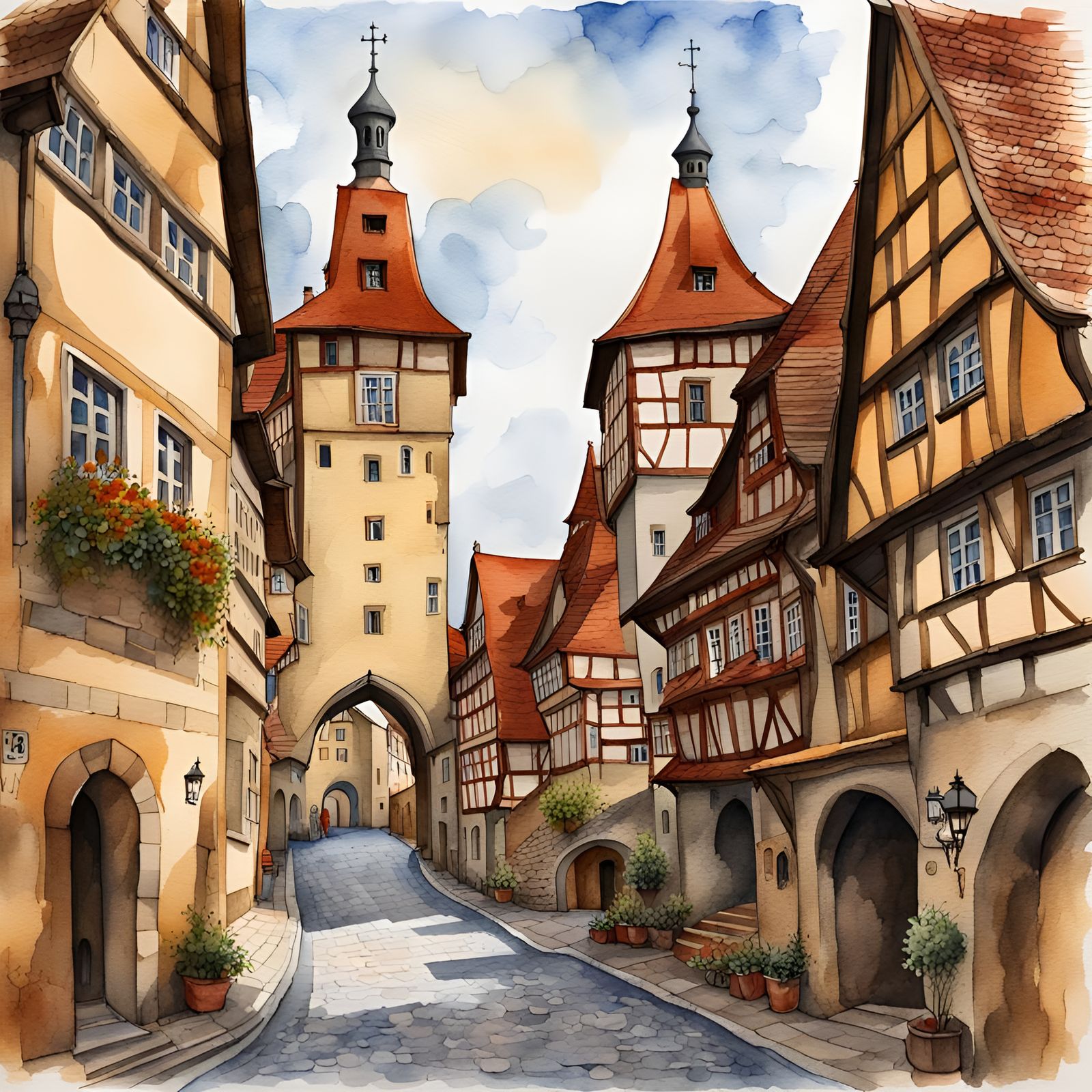 Detailed Medieval City in Watercolor Gouache Style