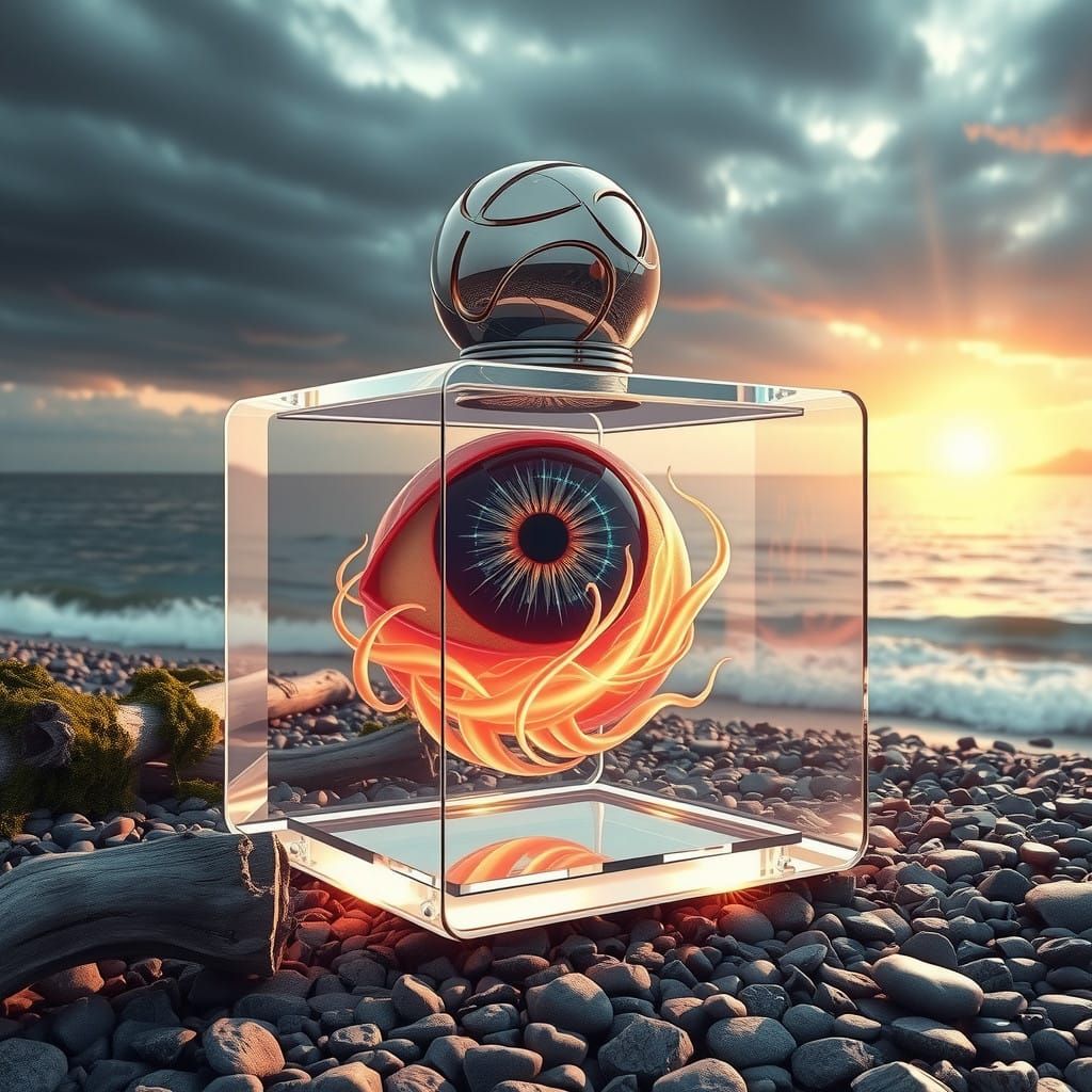 Futuristic Eye Structure in Cyberpunk Landscape