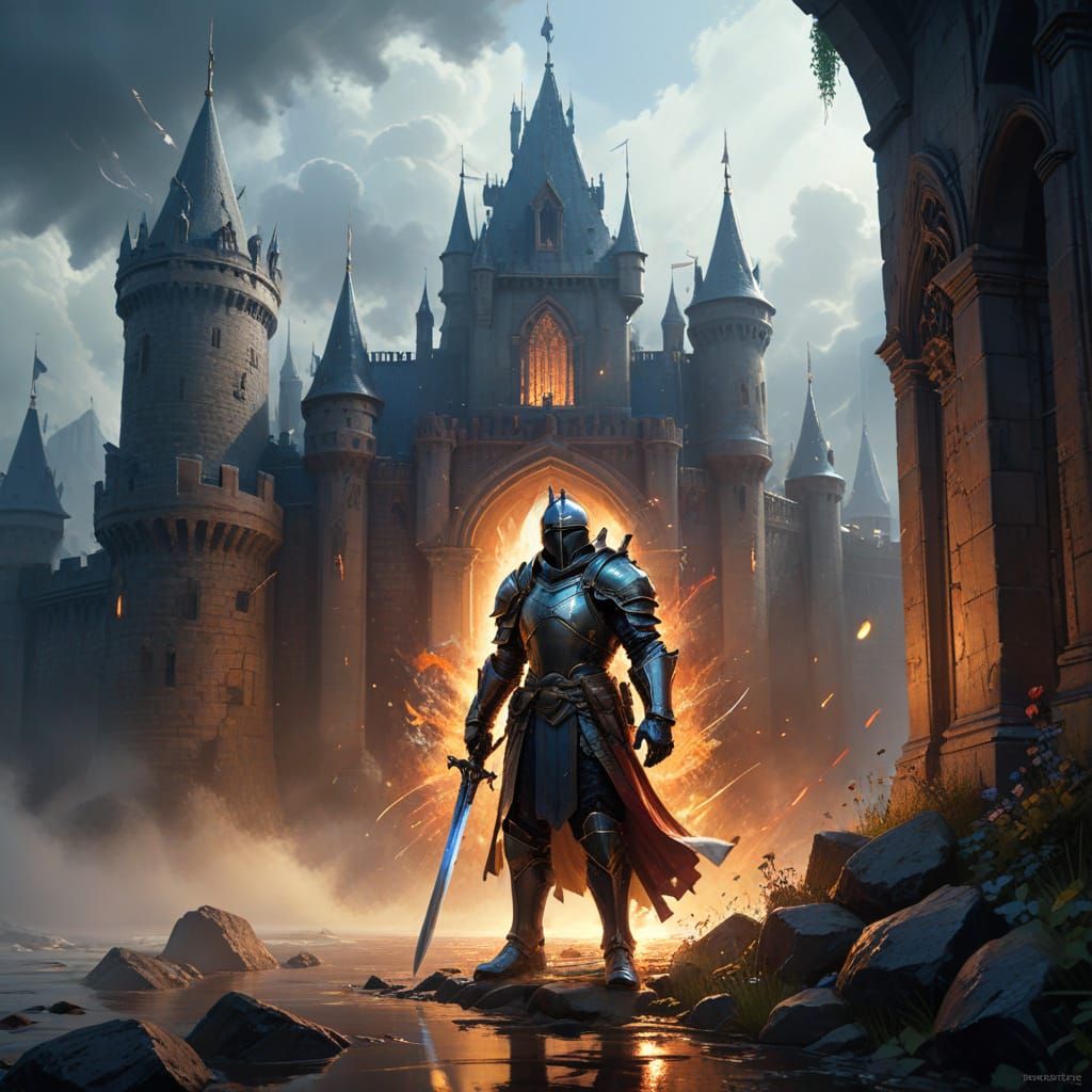Knight Guarding Castle Entrance in Dark Fantasy Style