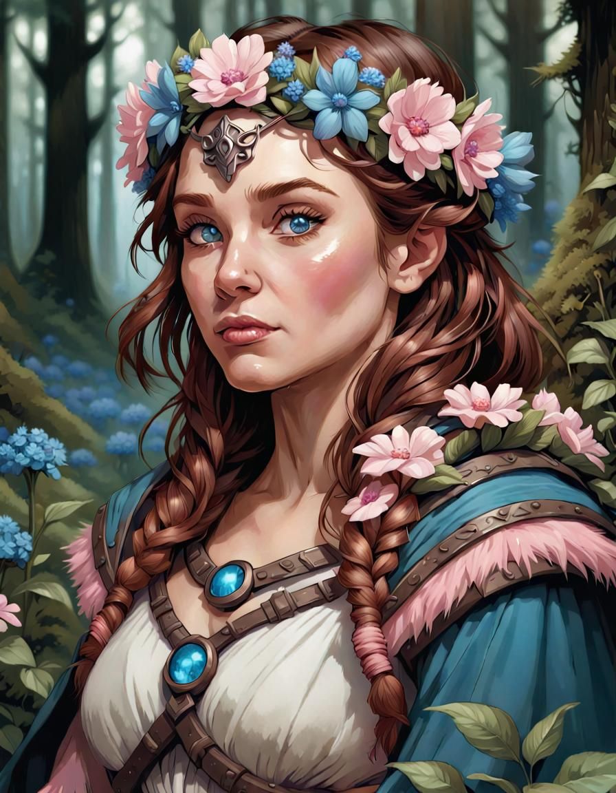 Female Dwarf Druid Portrait in Comic Art Style
