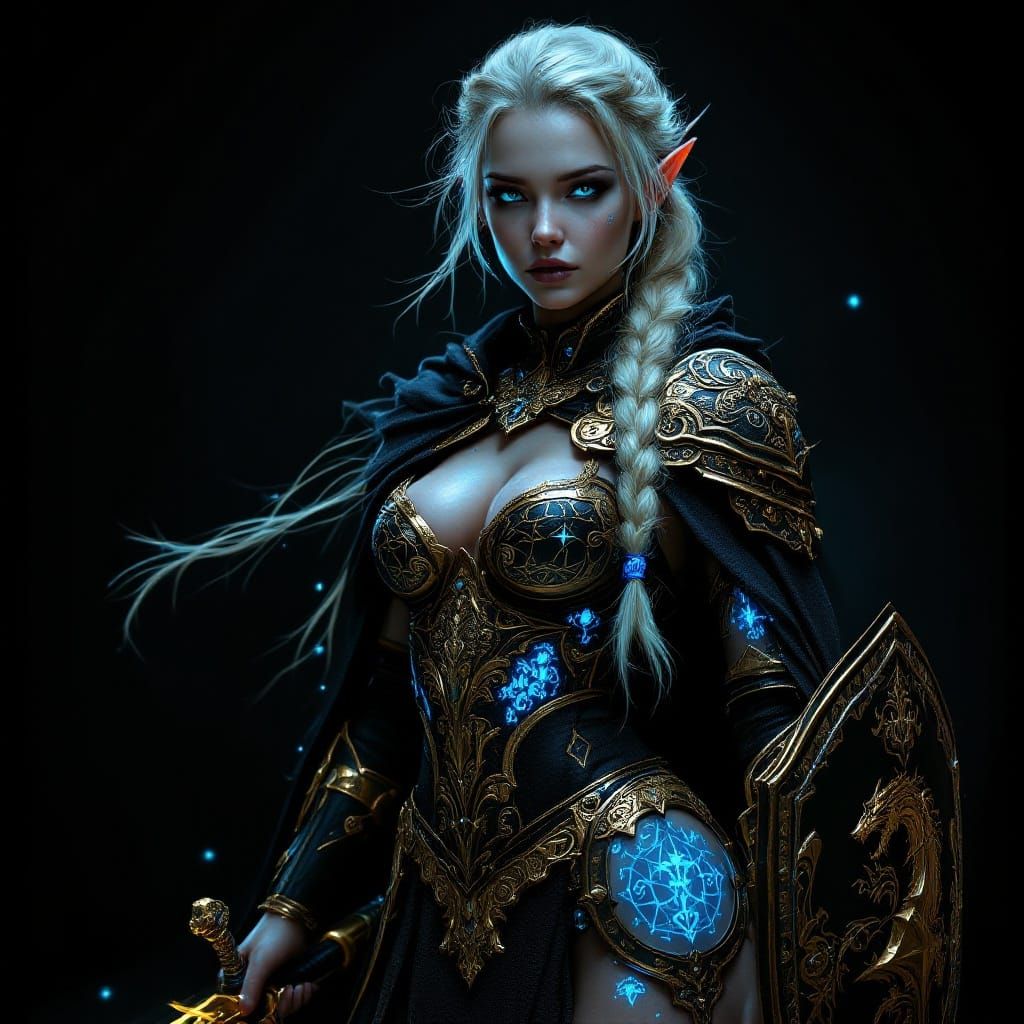 Gothic Elf Paladin in Elegant Golden Armor with Bioluminesce...