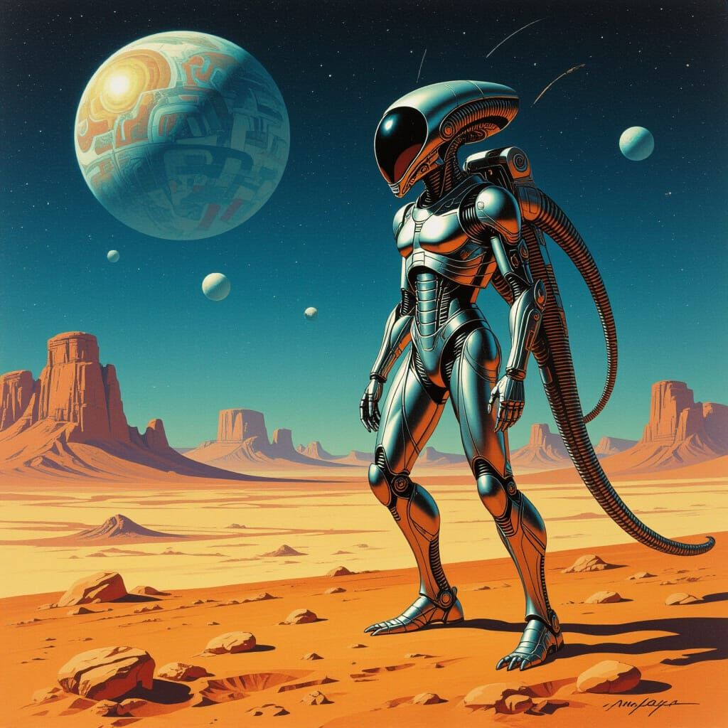 Mantid Alien Explorer on Barren Planet in Sci-Fi Style