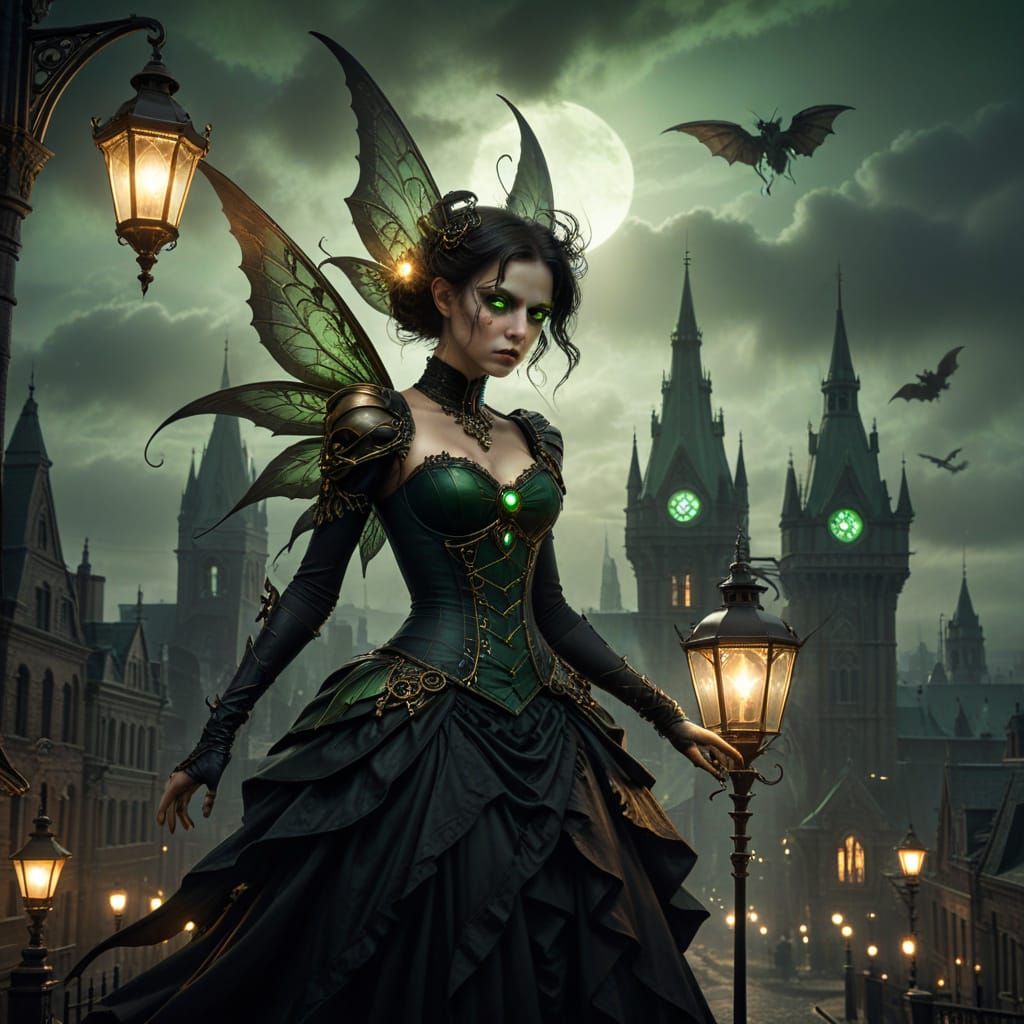 Steampunk Fairy with Monster Attack, Dark Fantasy Art