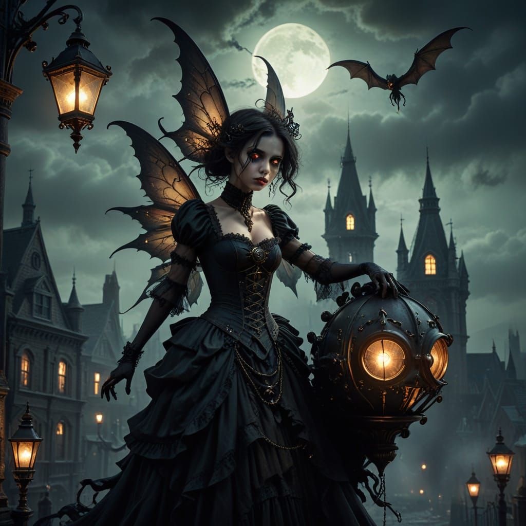 Steampunk Fairy Horror in Gothic Cityscape