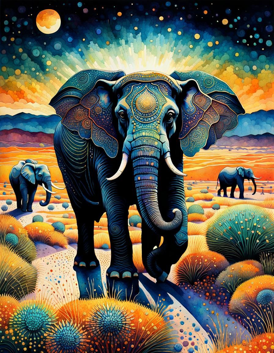 Watercolor Elephants in Bioluminescent Desert Landscape