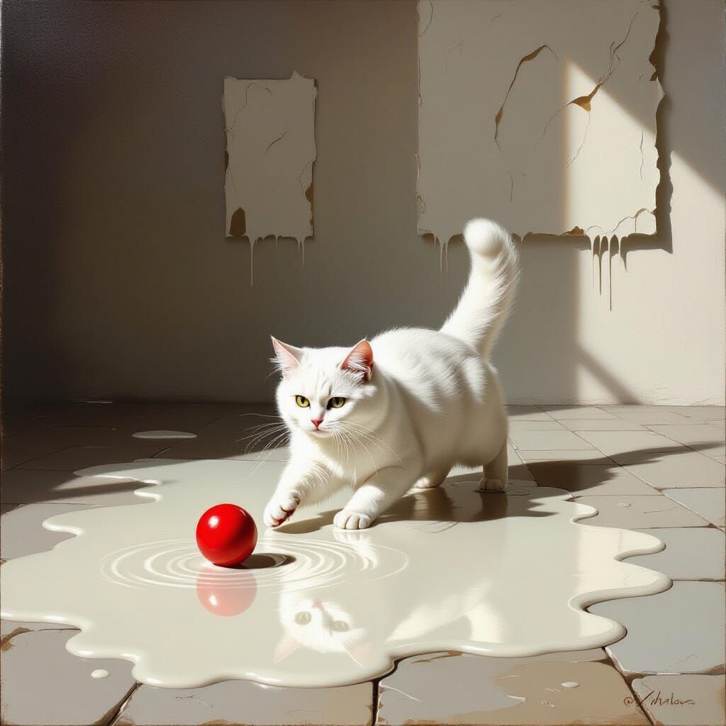 Baroque Cat Chasing Ball in Spilled Milk