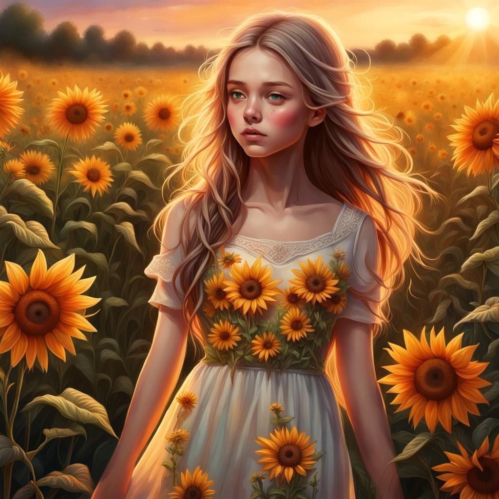 Girl in Sunflower Field at Sunset