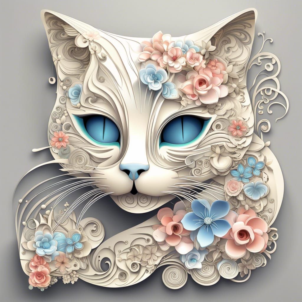 3D Cat with Flowers in Abstract Style