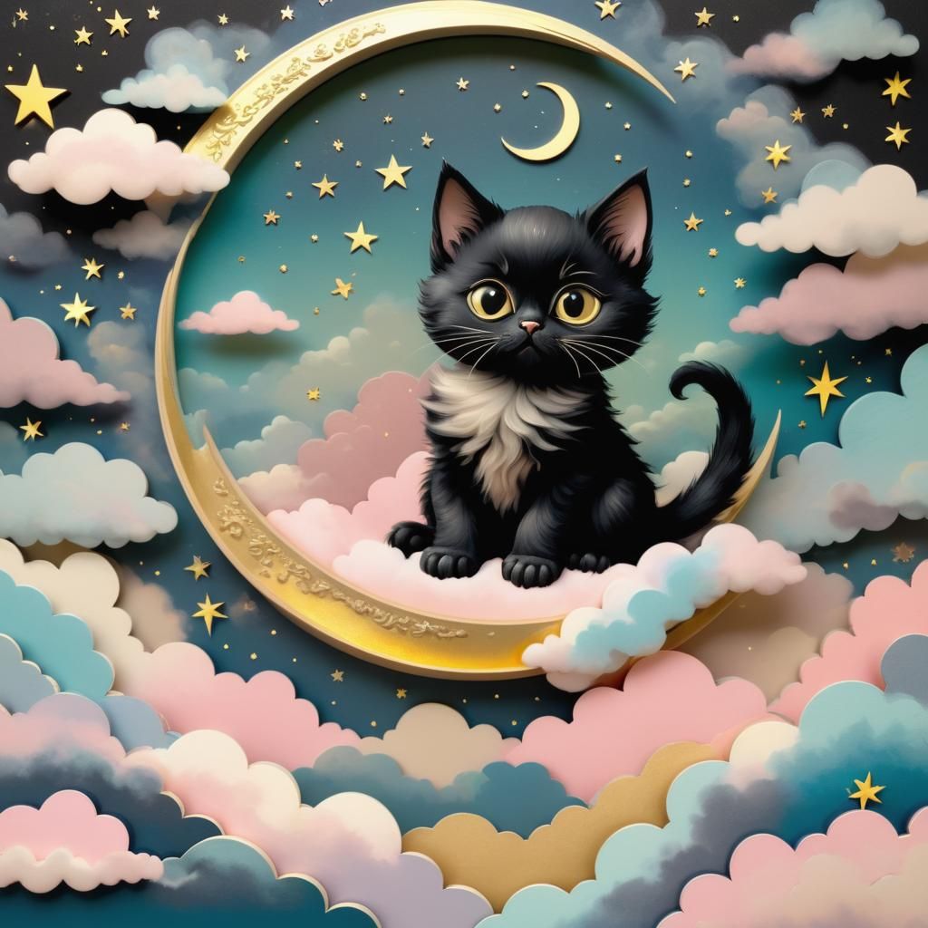 Dreamy Paper Art Kitten in Pastel Clouds