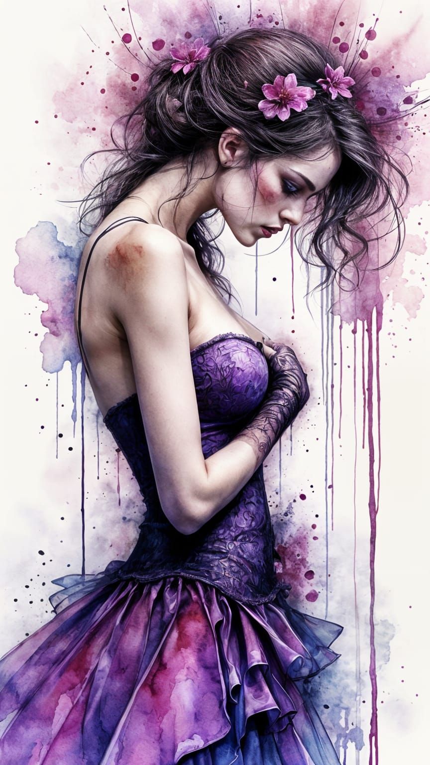 Elegant Woman Leaning In, Watercolor with Ink Details