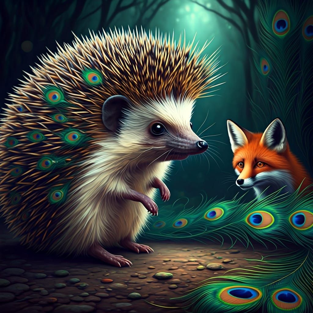 Surreal Hedgehog with Peacock Feathers and Fearful Fox