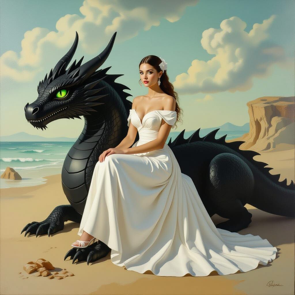 Girl on Dragon in Surrealist Oil Painting
