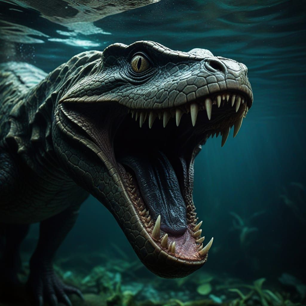 Titanoboa Emerge from Shadows in Dark Underwater Temple