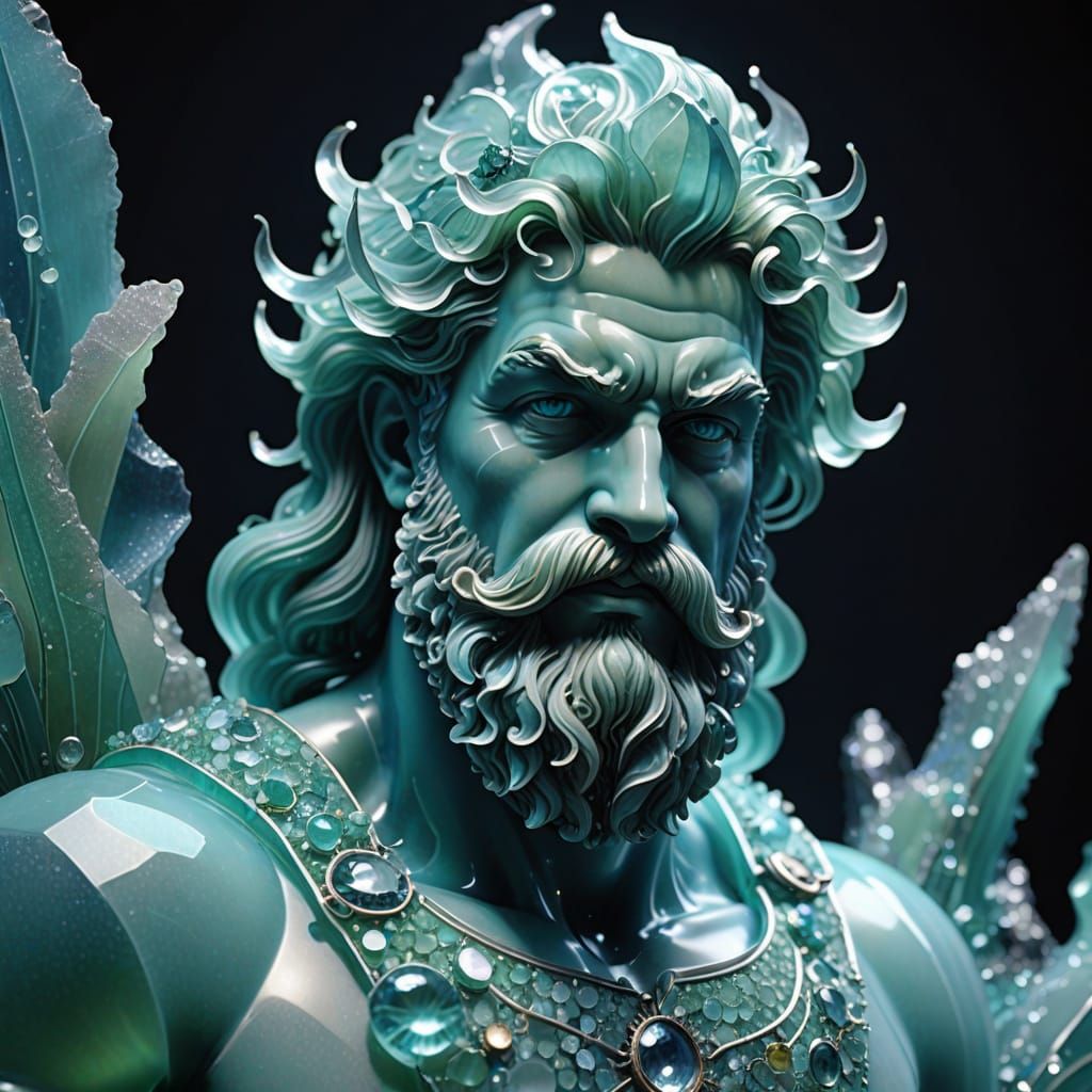 Poseidon Sculpture Crafted from Sea Glass in Art Deco Style