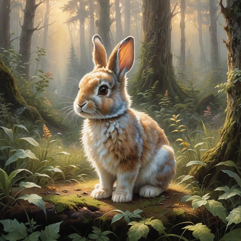 Cute Rabbit in Ethereal Forest, Oil Painting