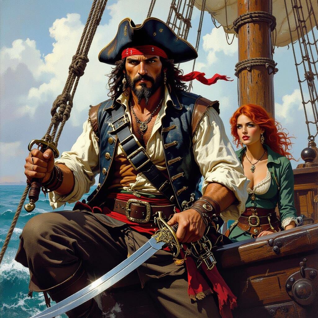 Pirate on Ship's Bow, Redhead on Pier, in Frazetta Style