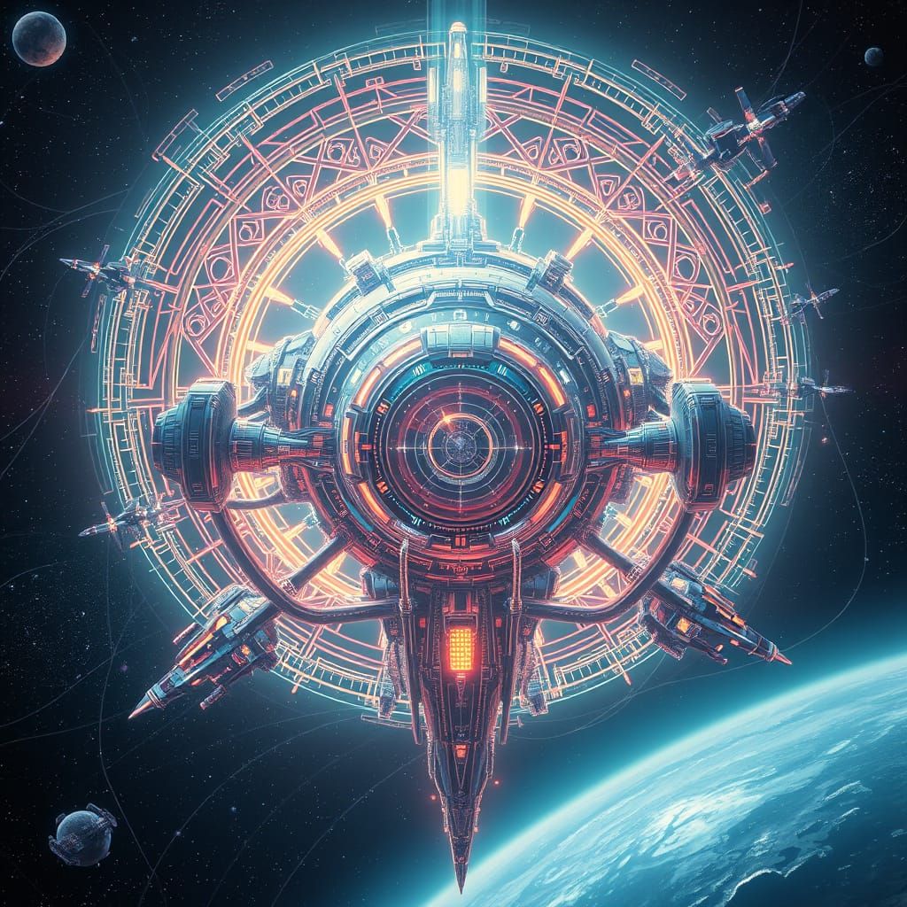 Cosmic Metropolis in Neon-Lit Futuristic Space