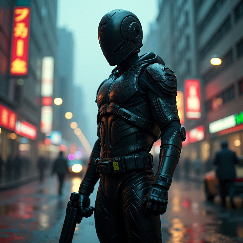 Heroic Police Enforcer in Blade Runner-Inspired Dystopian Ci...