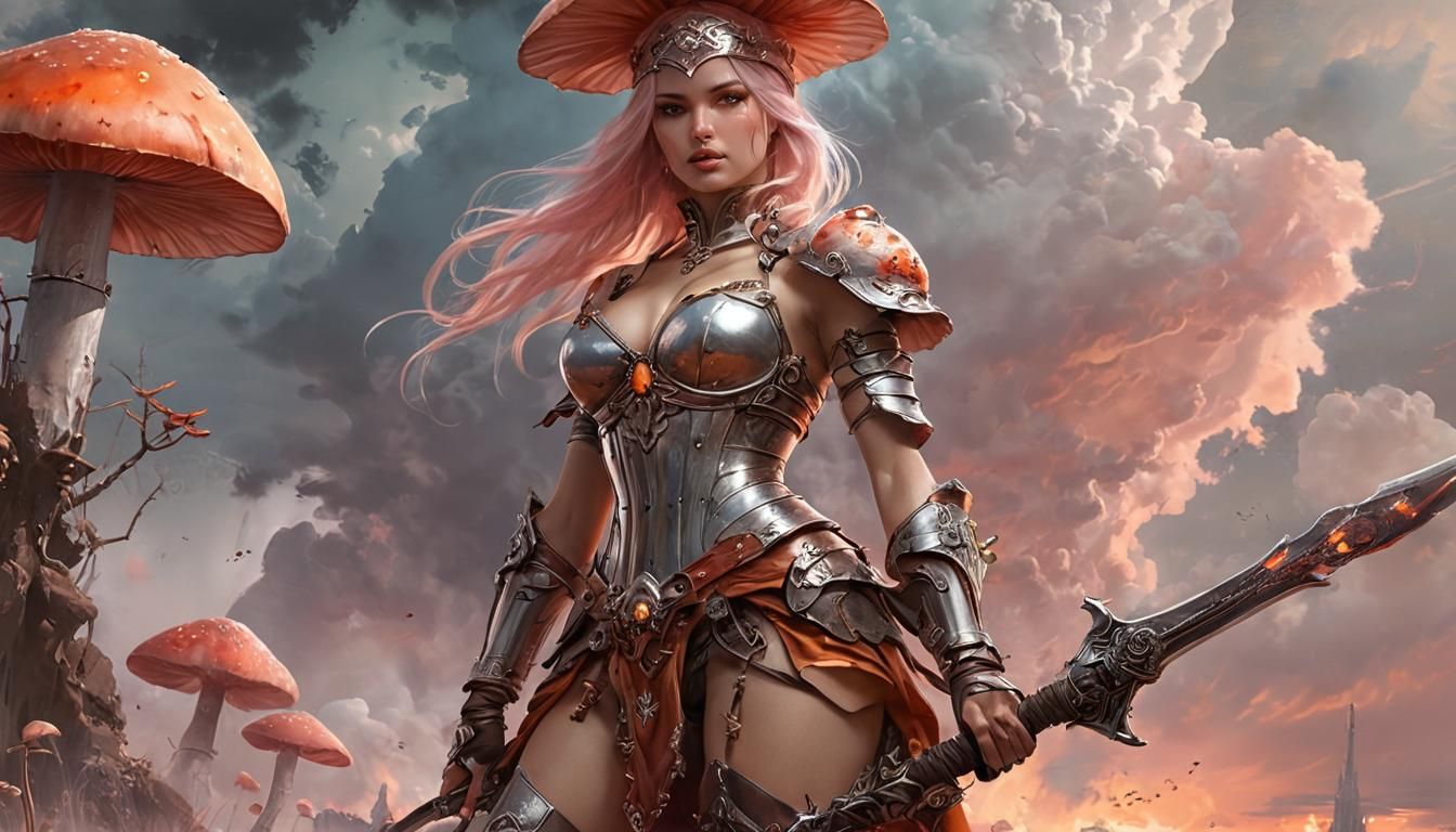 Armored Femme Fatale on Mushroom Island in Watercolor Style