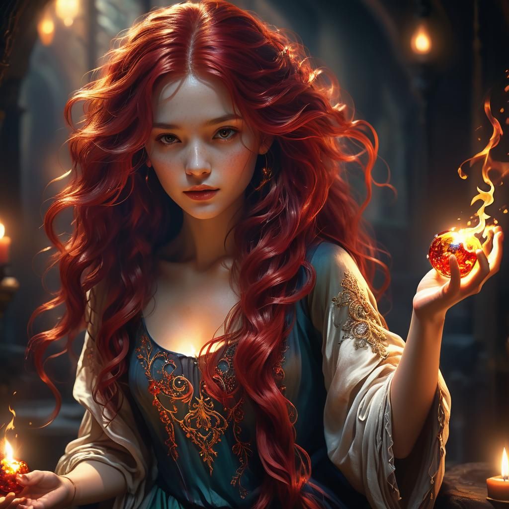 Ethereal Woman Holding Fireball in Dramatic Lighting